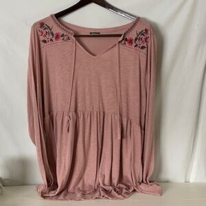 Torrid Pink Relaxed Long Sleeve Blouse with Embroidery